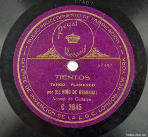 Discos de pizarra: El niño de Granada, Chufla, chufla. Tientos.Tango flamenco. Disco piedra regal record. 25,5cm. diám